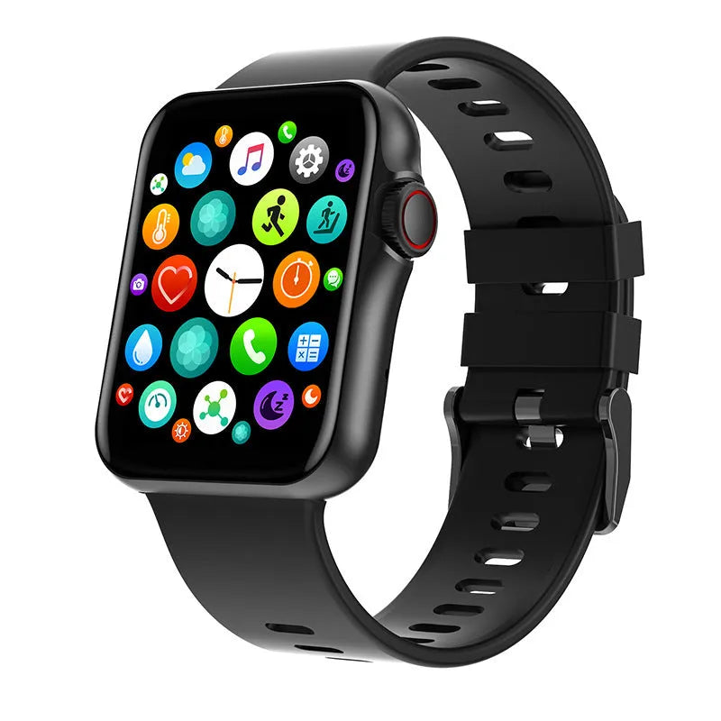 D06 smartwatch in black on wrist showing split-screen display with time and heart rate