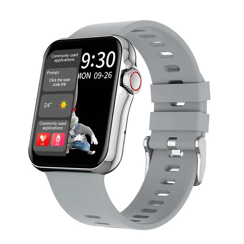 D06 smartwatch in black on wrist showing split-screen display with time and heart rate
