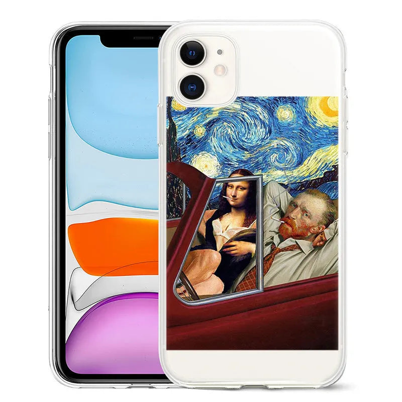 Van Gogh starry night art design on a black TPU iPhone back cover case.