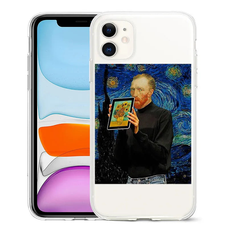 Van Gogh starry night art design on a black TPU iPhone back cover case.