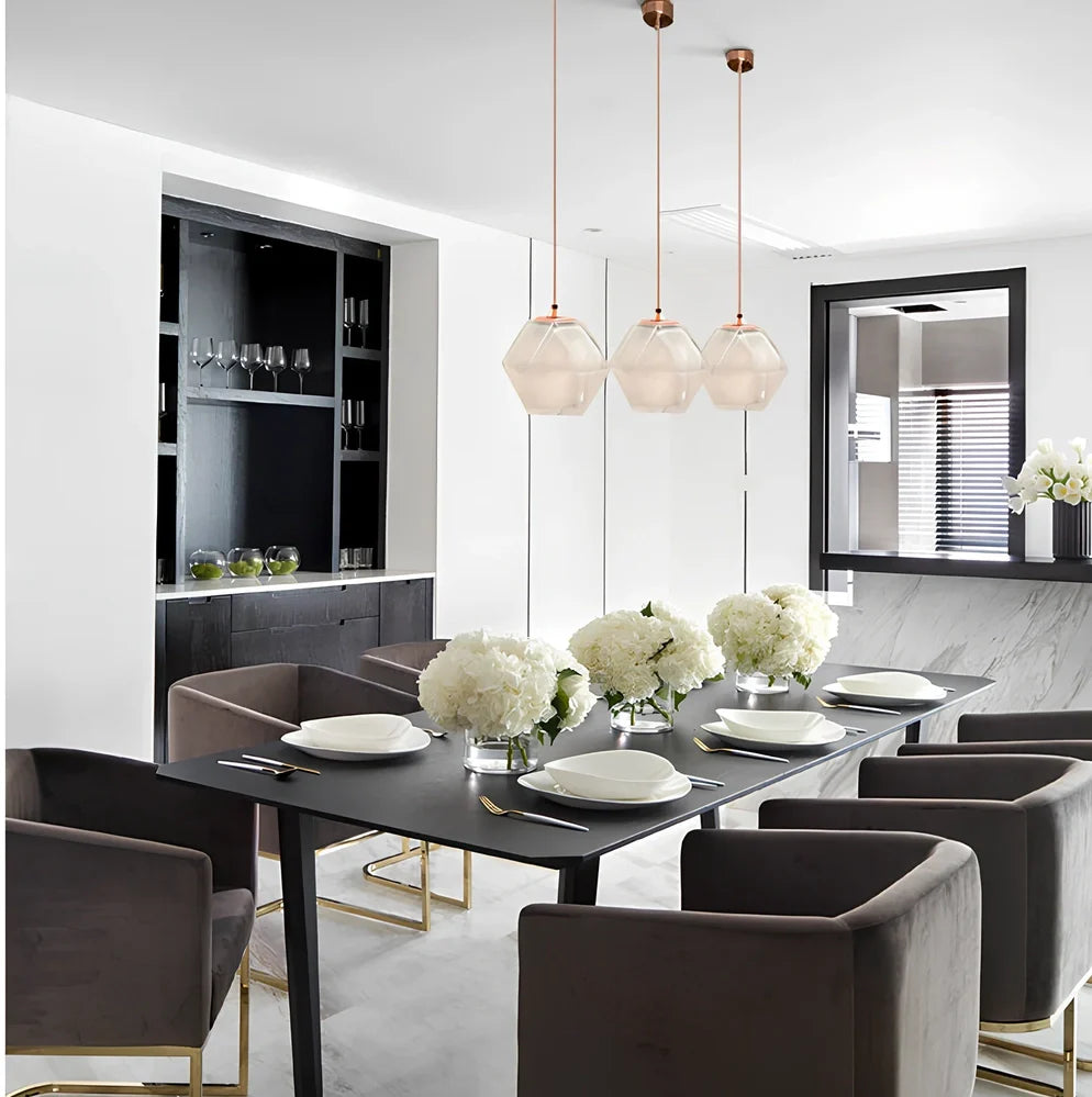 Geometric glass chandelier with Rubik's Cube design in black, rose gold, or white finish