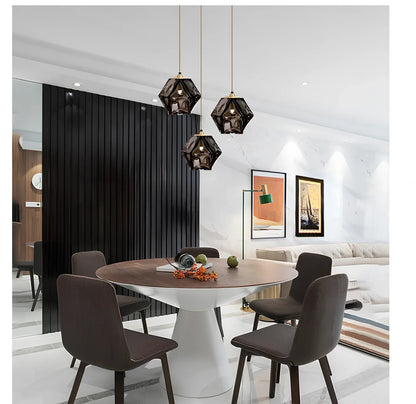 Geometric glass chandelier with Rubik's Cube design in black, rose gold, or white finish