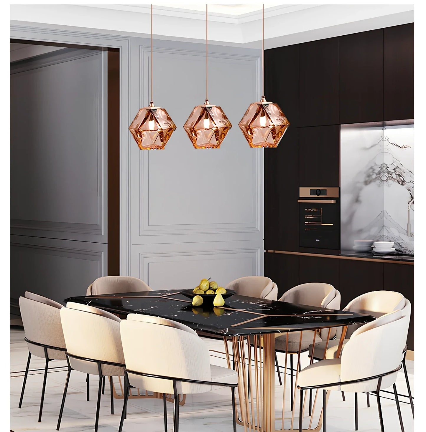Geometric glass chandelier with Rubik's Cube design in black, rose gold, or white finish