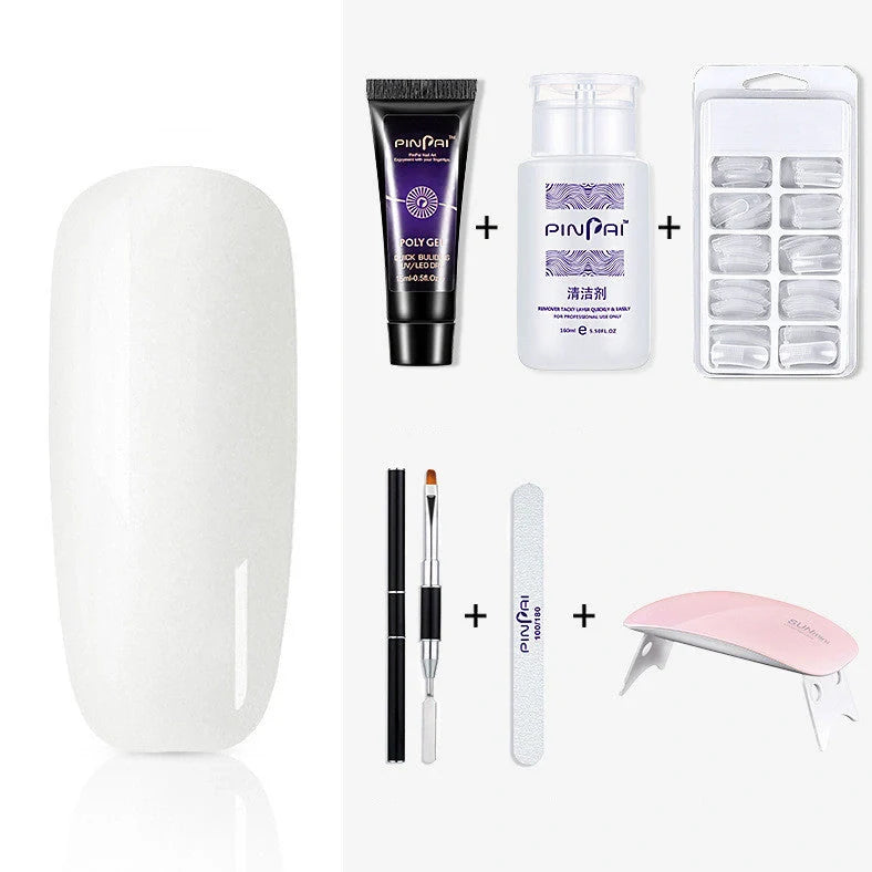 Quick Crystal Extension Glue set with 15ml bottle, nail mold tools, and 9 style options for phototherapy nail extensions