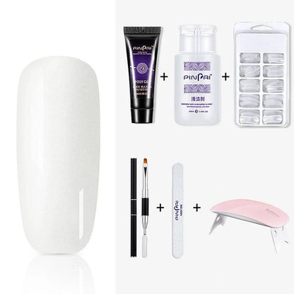 Quick Crystal Extension Glue set with 15ml bottle, nail mold tools, and 9 style options for phototherapy nail extensions