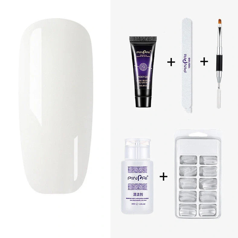 Quick Crystal Extension Glue set with 15ml bottle, nail mold tools, and 9 style options for phototherapy nail extensions