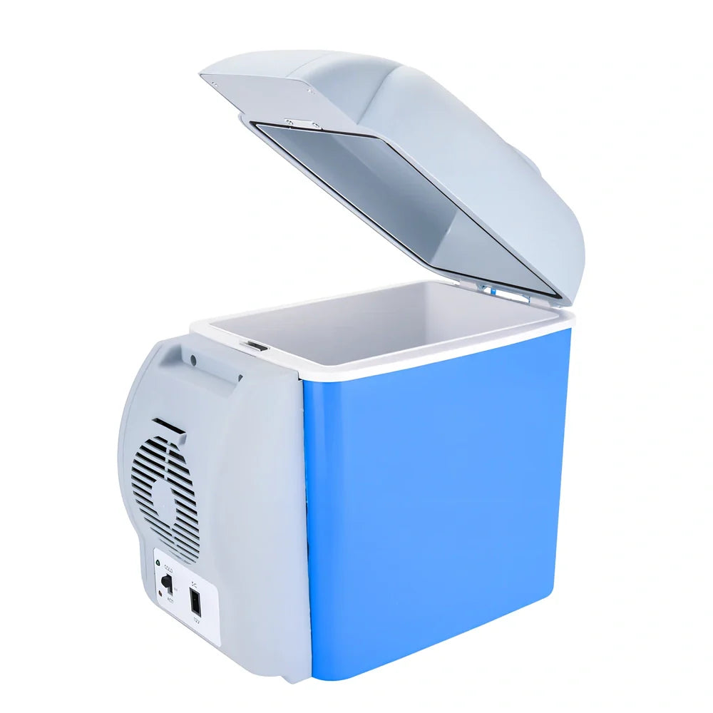 Compact 7.5L ABS car refrigerator cooling to 10-15°C with 12V plug for vehicle use