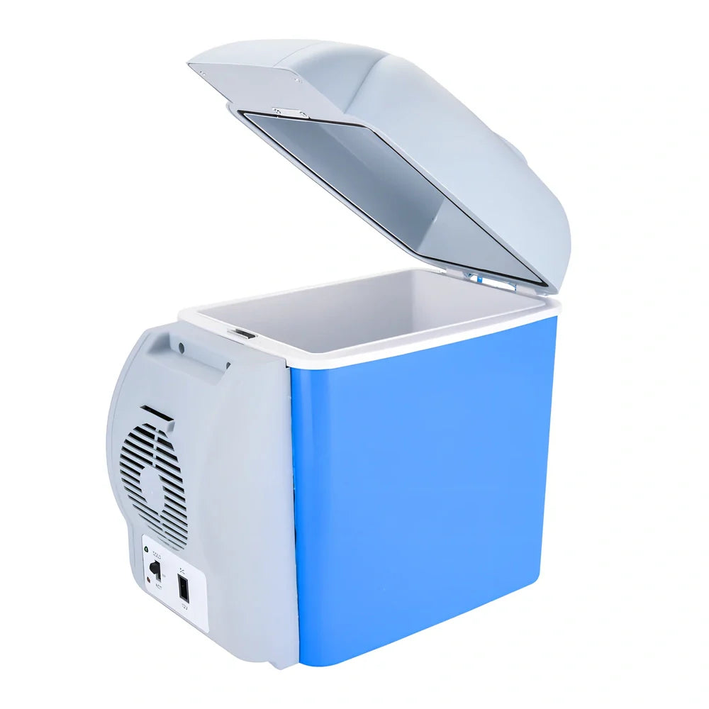 Compact 7.5L ABS car refrigerator cooling to 10-15°C with 12V plug for vehicle use