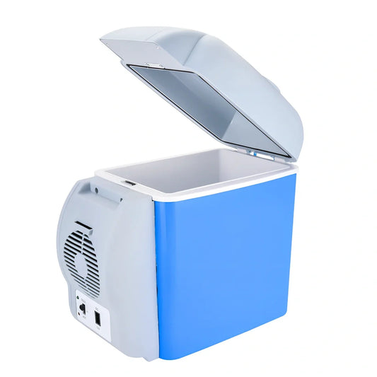Compact 7.5L ABS car refrigerator cooling to 10-15°C with 12V plug for vehicle use
