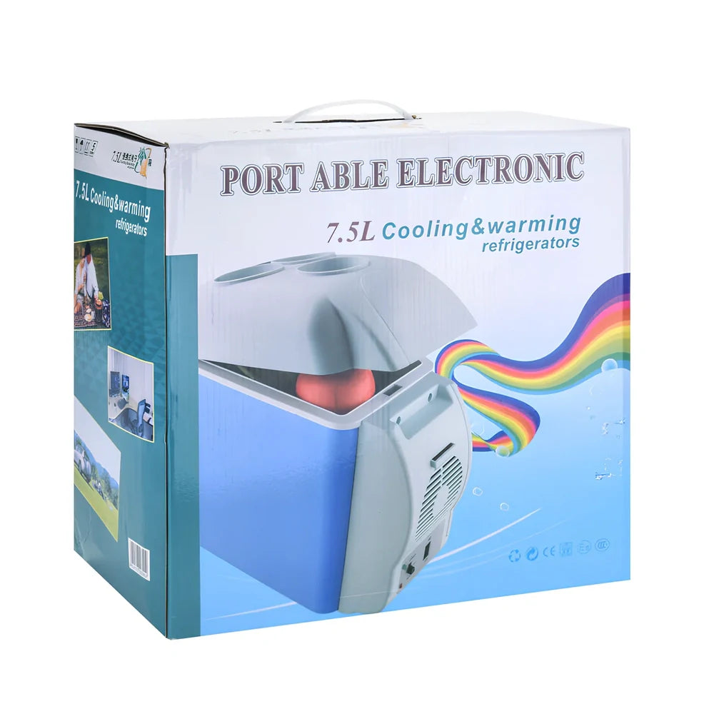 Compact 7.5L ABS car refrigerator cooling to 10-15°C with 12V plug for vehicle use