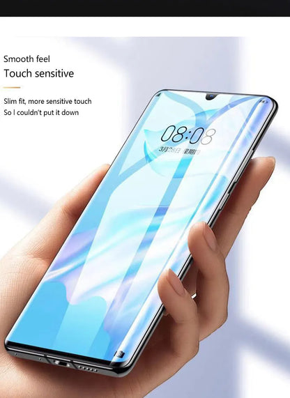 Three-pack of clear hydrogel screen protector films for Huawei and Honor smartphones.