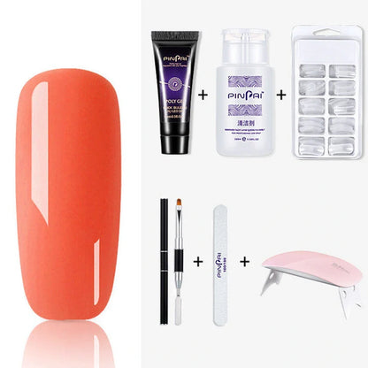 Quick Crystal Extension Glue set with 15ml bottle, nail mold tools, and 9 style options for phototherapy nail extensions
