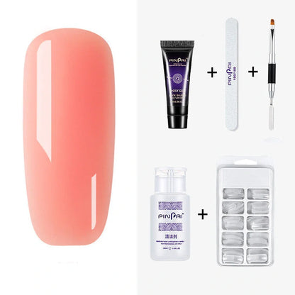 Quick Crystal Extension Glue set with 15ml bottle, nail mold tools, and 9 style options for phototherapy nail extensions