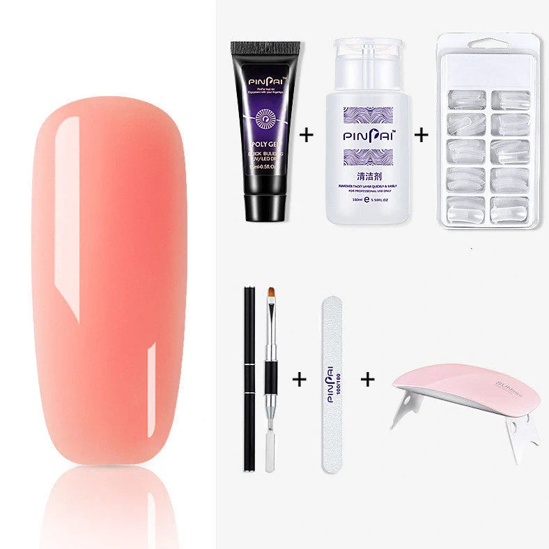 Quick Crystal Extension Glue set with 15ml bottle, nail mold tools, and 9 style options for phototherapy nail extensions
