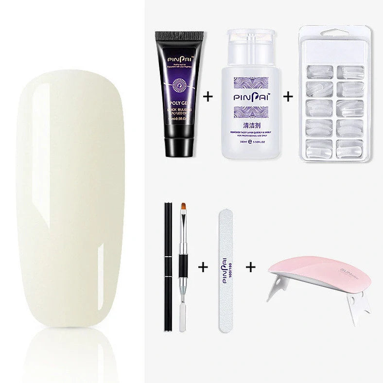 Quick Crystal Extension Glue set with 15ml bottle, nail mold tools, and 9 style options for phototherapy nail extensions