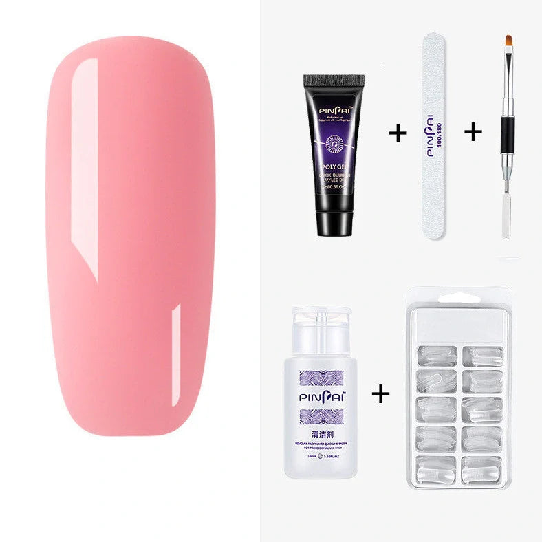 Quick Crystal Extension Glue set with 15ml bottle, nail mold tools, and 9 style options for phototherapy nail extensions