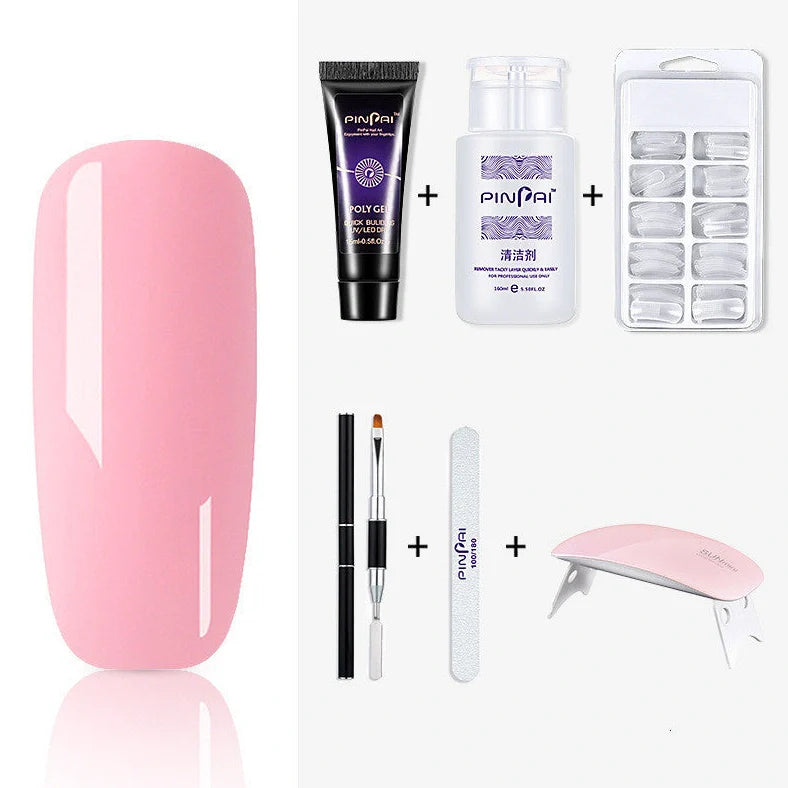 Quick Crystal Extension Glue set with 15ml bottle, nail mold tools, and 9 style options for phototherapy nail extensions