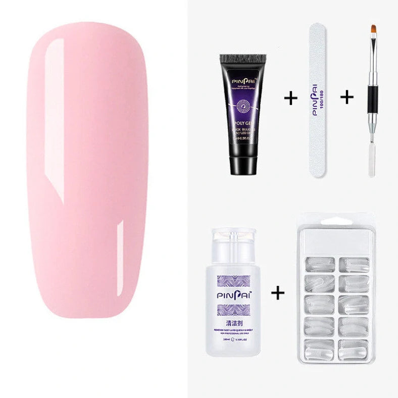 Quick Crystal Extension Glue set with 15ml bottle, nail mold tools, and 9 style options for phototherapy nail extensions