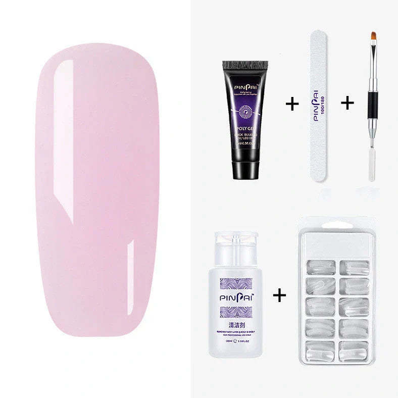 Quick Crystal Extension Glue set with 15ml bottle, nail mold tools, and 9 style options for phototherapy nail extensions