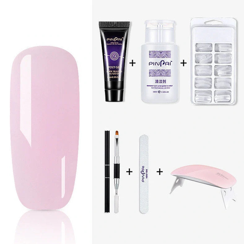 Quick Crystal Extension Glue set with 15ml bottle, nail mold tools, and 9 style options for phototherapy nail extensions