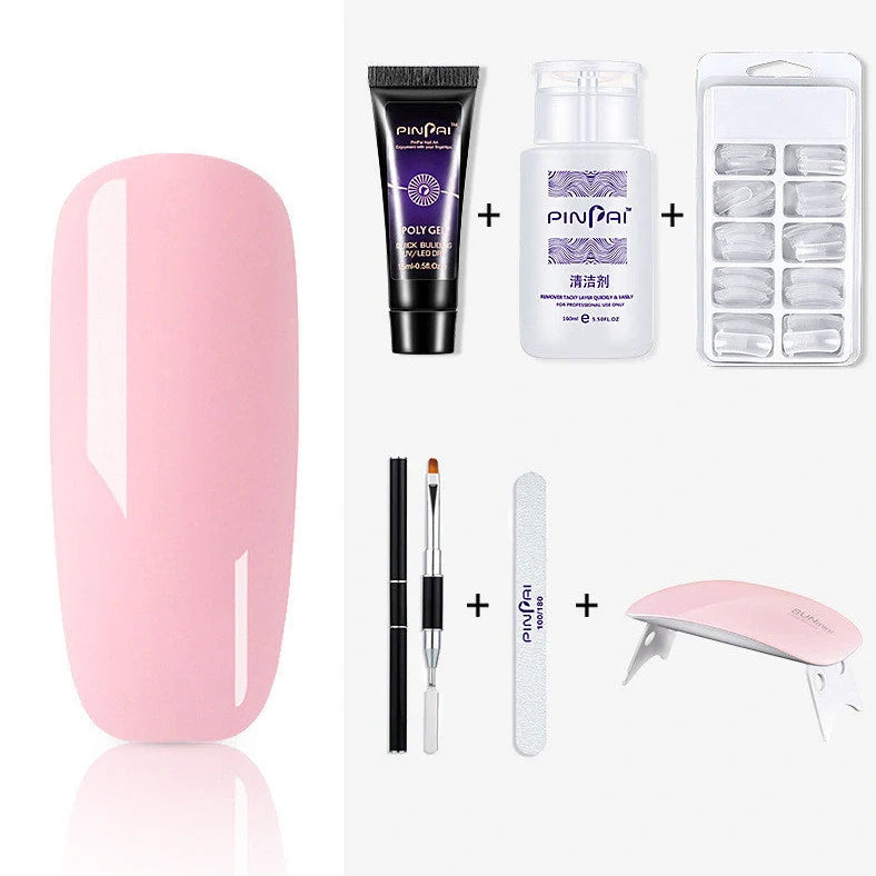 Quick Crystal Extension Glue set with 15ml bottle, nail mold tools, and 9 style options for phototherapy nail extensions