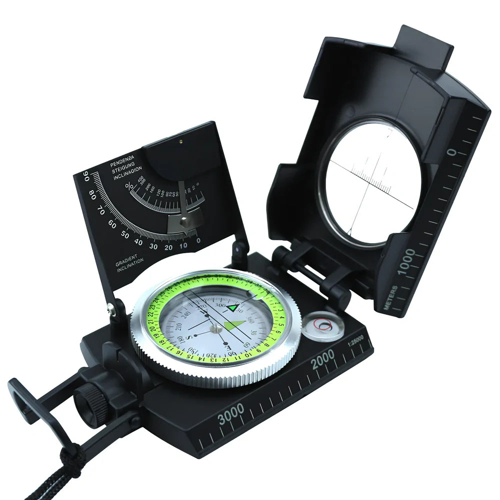 CD metal ABS compass with adjustable tripod in Army Green for geographic surveys, 360-degree dial and stable base