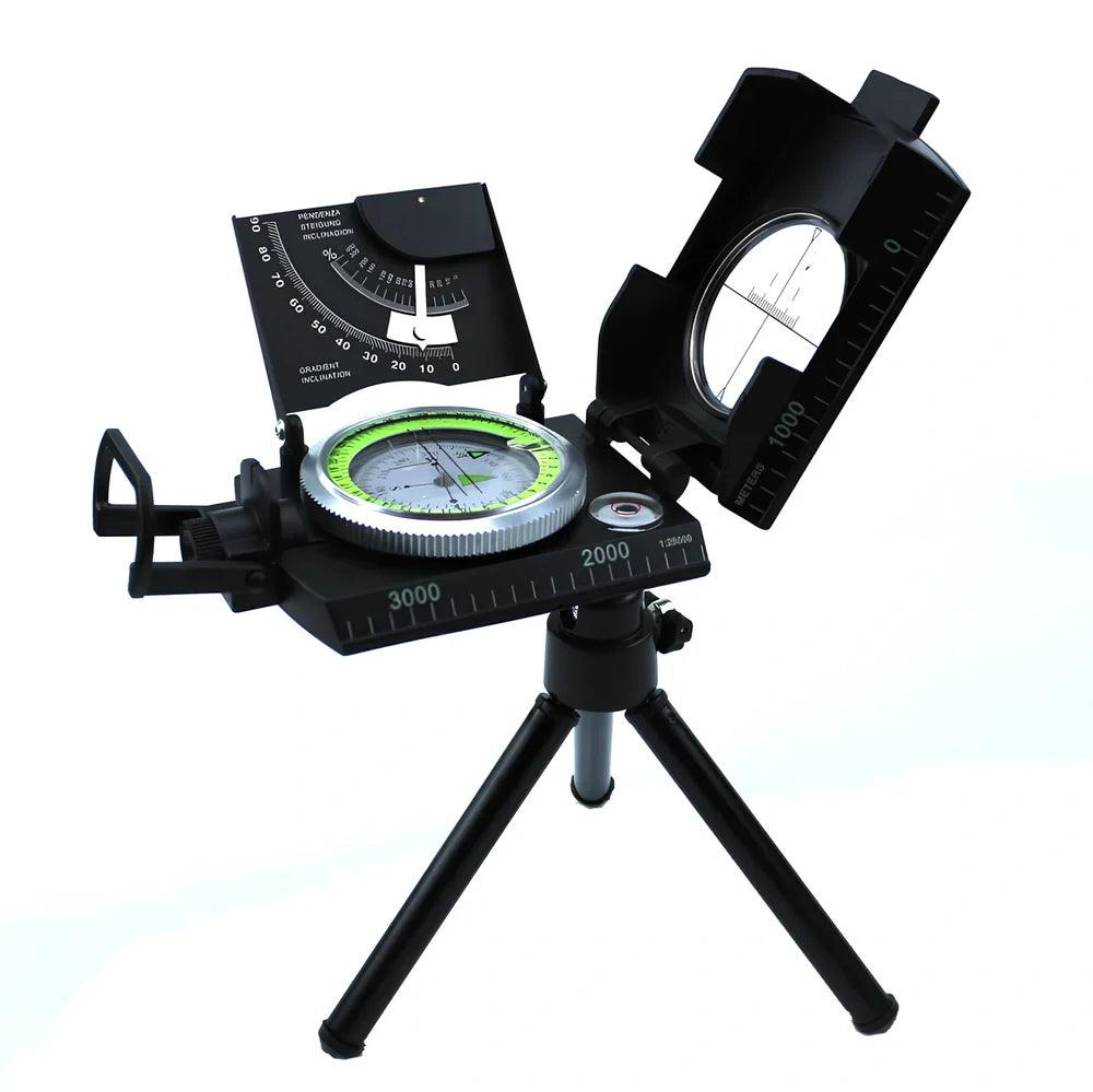 CD metal ABS compass with adjustable tripod in Army Green for geographic surveys, 360-degree dial and stable base