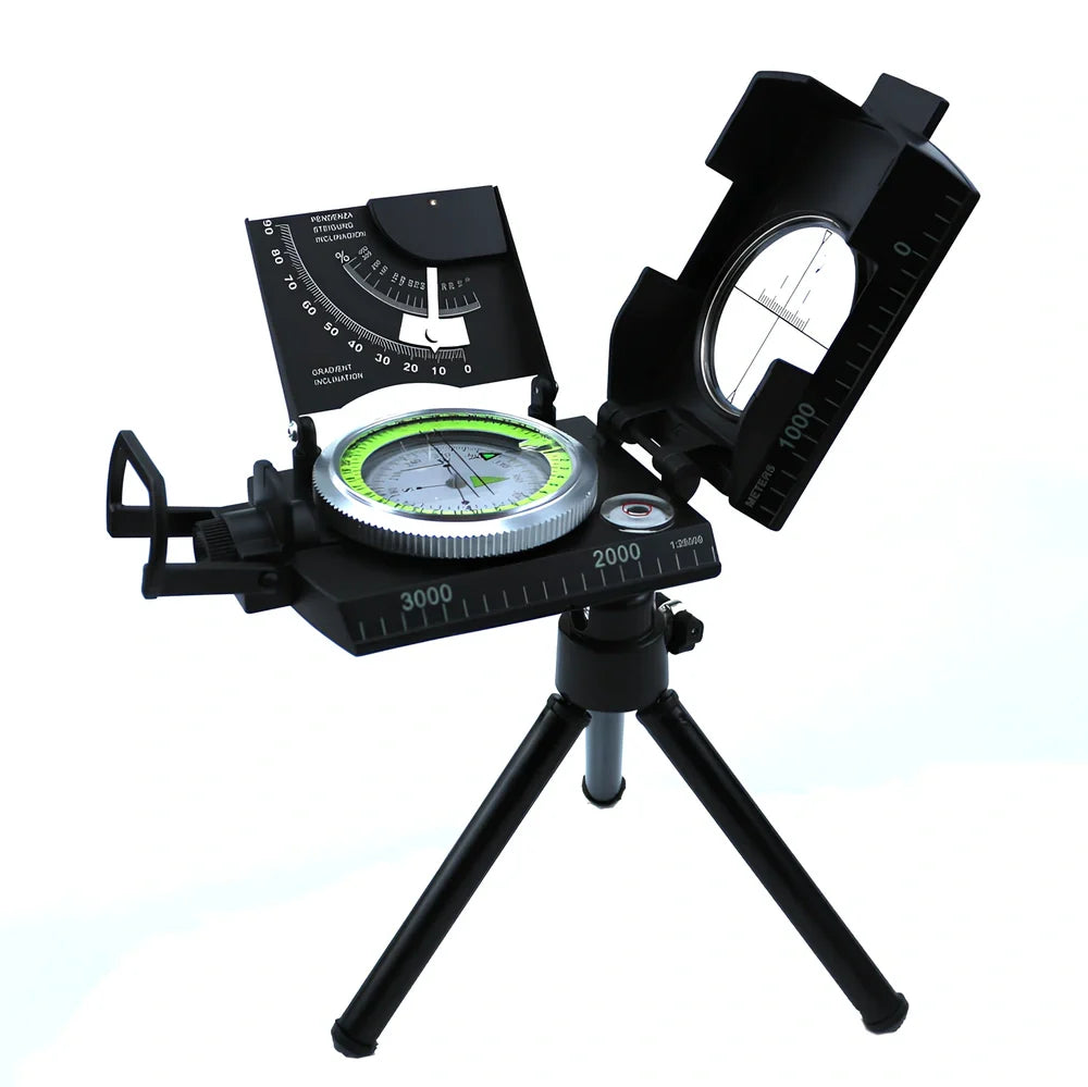 CD metal ABS compass with adjustable tripod in Army Green for geographic surveys, 360-degree dial and stable base
