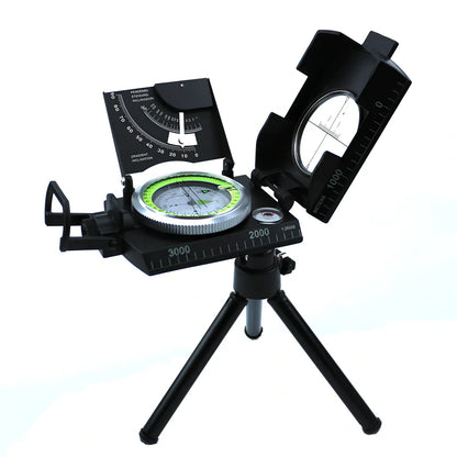 CD metal ABS compass with adjustable tripod in Army Green for geographic surveys, 360-degree dial and stable base