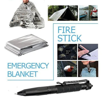 Black stainless steel survival box with 13 emergency tools including compass, flashlight, and wire saw