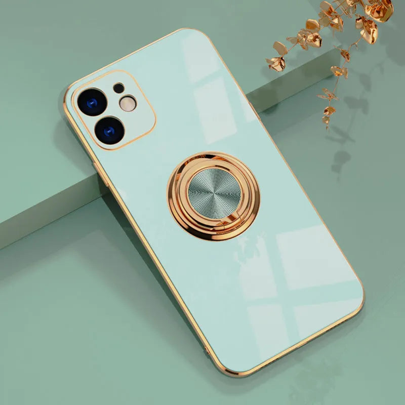 Electroplating TPU magnetic car phone case for iPhone in seven solid colours including rose gold and light cyan.