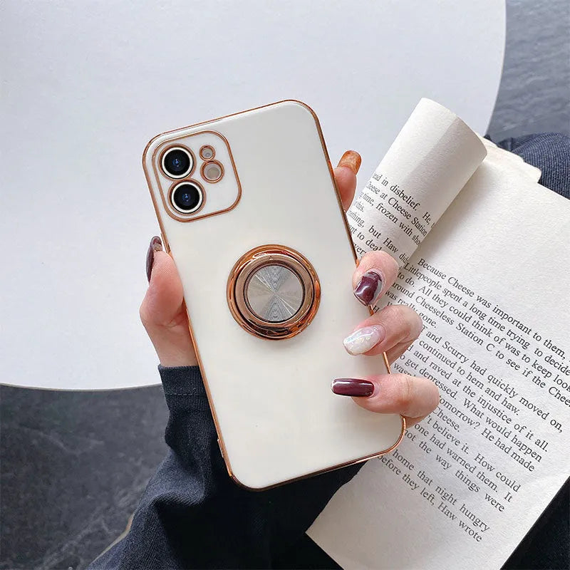 Electroplating TPU magnetic car phone case for iPhone in seven solid colours including rose gold and light cyan.