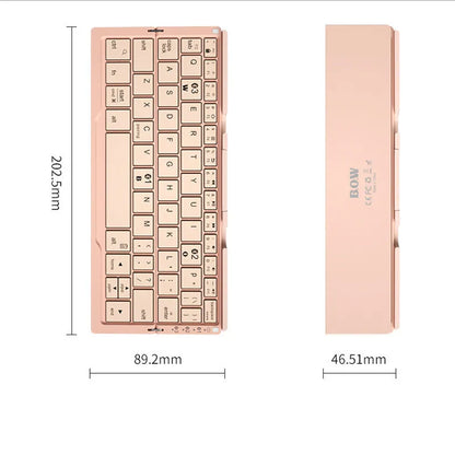 Silver aluminium folding Bluetooth keyboard with phone stand showing open and closed positions