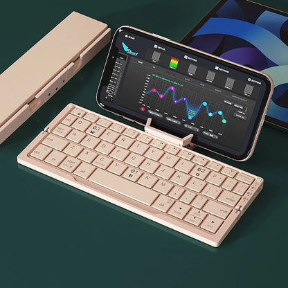 Silver aluminium folding Bluetooth keyboard with phone stand showing open and closed positions