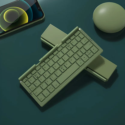 Silver aluminium folding Bluetooth keyboard with phone stand showing open and closed positions