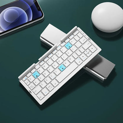 Silver aluminium folding Bluetooth keyboard with phone stand showing open and closed positions