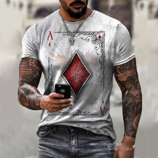 Classic men's t-shirt with playing card-inspired print in various colours and sizes