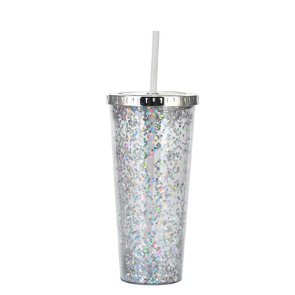 Creative Colour Sequins Cold Cup with Lids and Straws, 601-700ml capacity