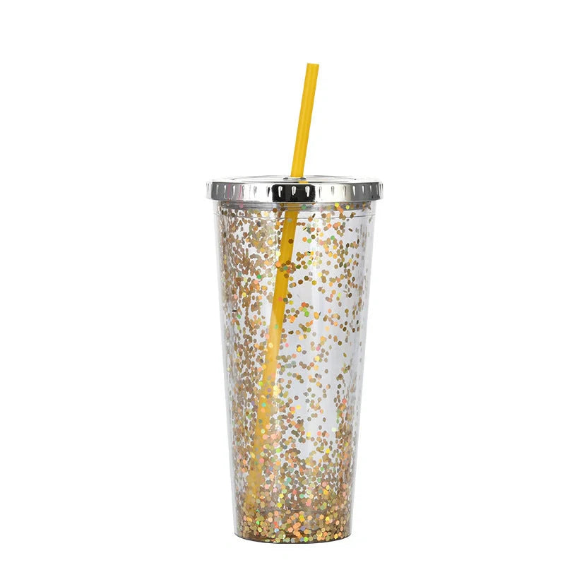 Creative Colour Sequins Cold Cup with Lids and Straws, 601-700ml capacity