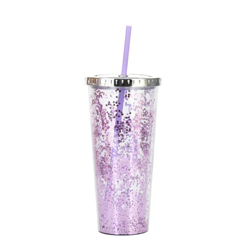 Creative Colour Sequins Cold Cup with Lids and Straws, 601-700ml capacity