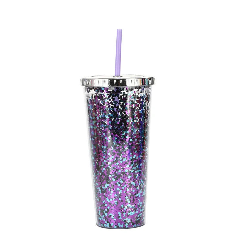 Creative Colour Sequins Cold Cup with Lids and Straws, 601-700ml capacity