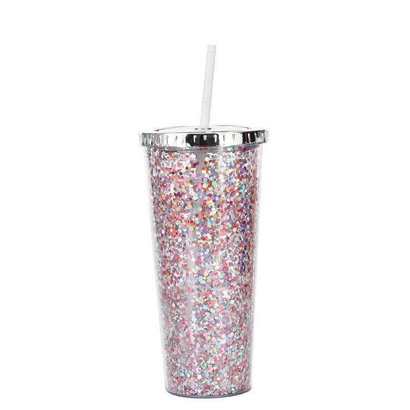 Creative Colour Sequins Cold Cup with Lids and Straws, 601-700ml capacity
