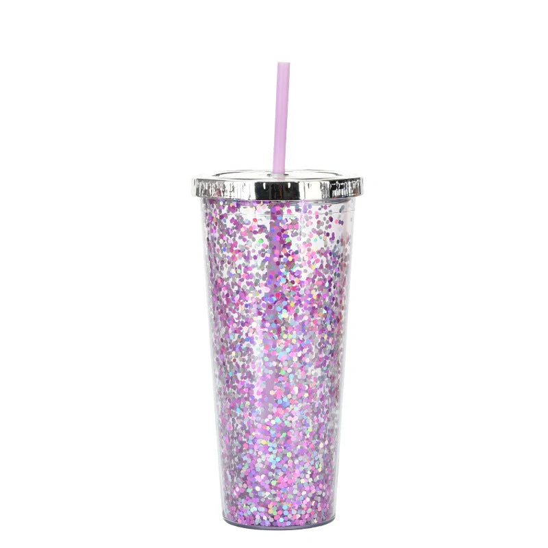Creative Colour Sequins Cold Cup with Lids and Straws, 601-700ml capacity