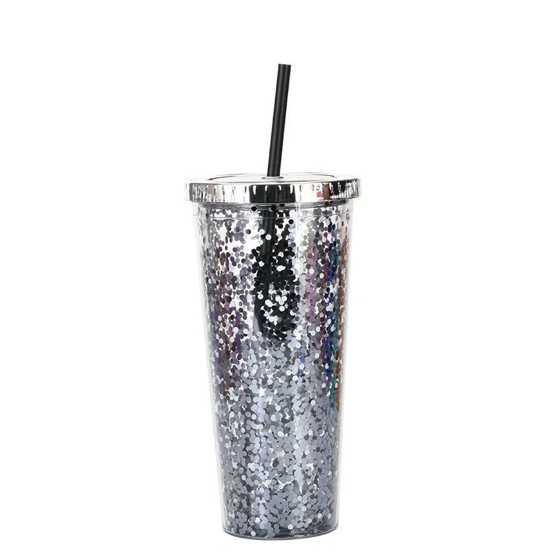 Creative Colour Sequins Cold Cup with Lids and Straws, 601-700ml capacity