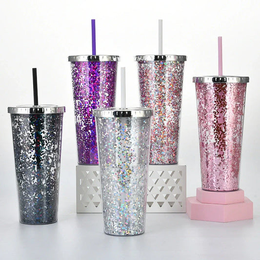 Creative Colour Sequins Cold Cup with Lids and Straws, 601-700ml capacity