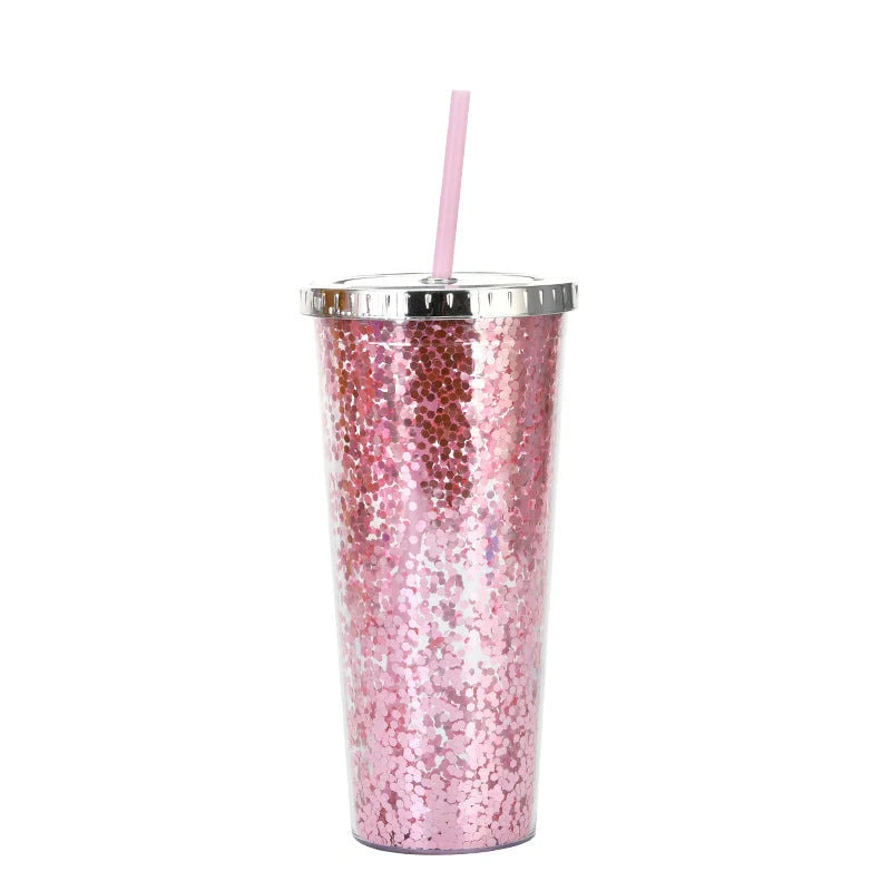 Creative Colour Sequins Cold Cup with Lids and Straws, 601-700ml capacity