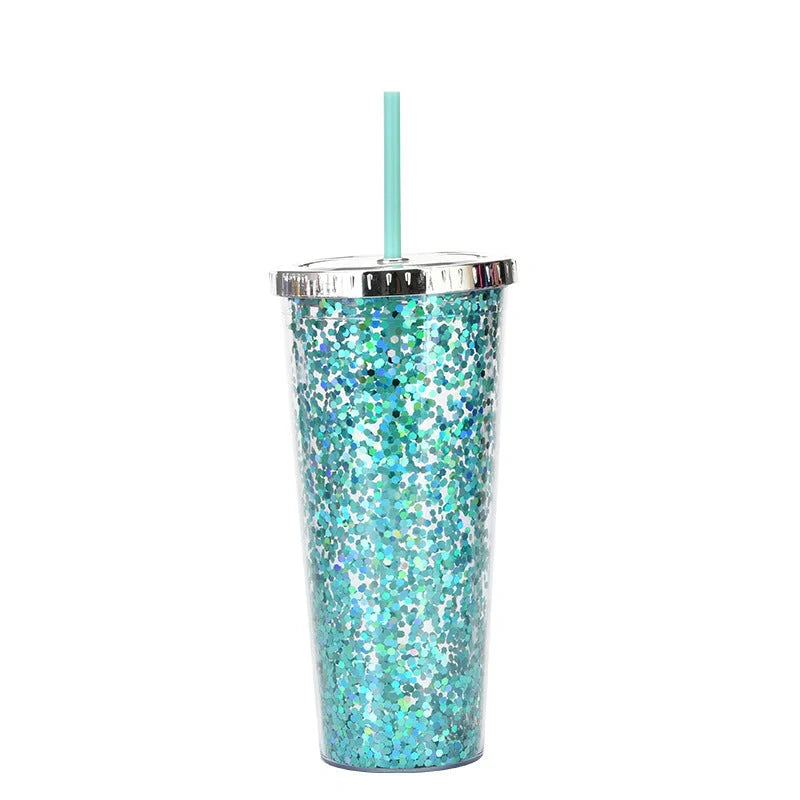 Creative Colour Sequins Cold Cup with Lids and Straws, 601-700ml capacity