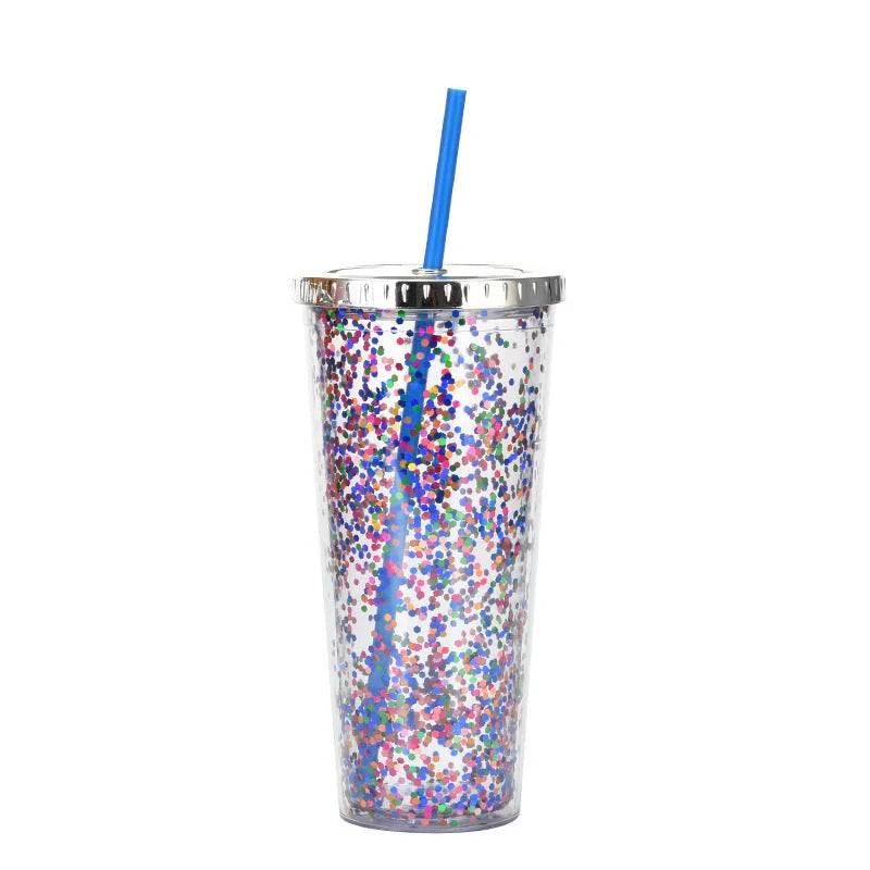 Creative Colour Sequins Cold Cup with Lids and Straws, 601-700ml capacity