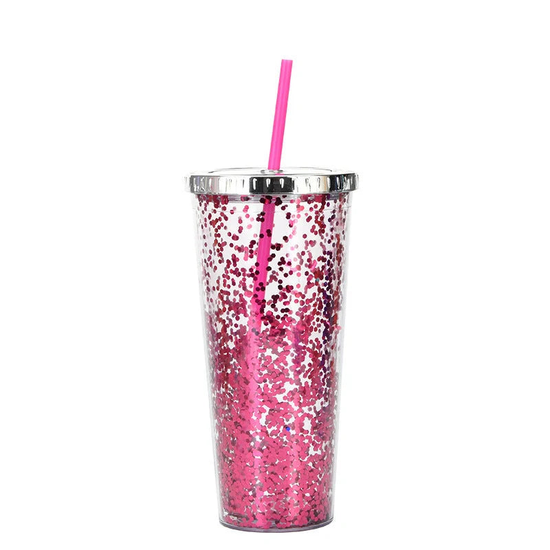 Creative Colour Sequins Cold Cup with Lids and Straws, 601-700ml capacity