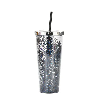 Creative Colour Sequins Cold Cup with Lids and Straws, 601-700ml capacity
